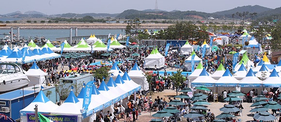 더위를 잊고 몰려든 시민들로 인산인해를 이룬 2017 화성 뱃놀이 축제장. 